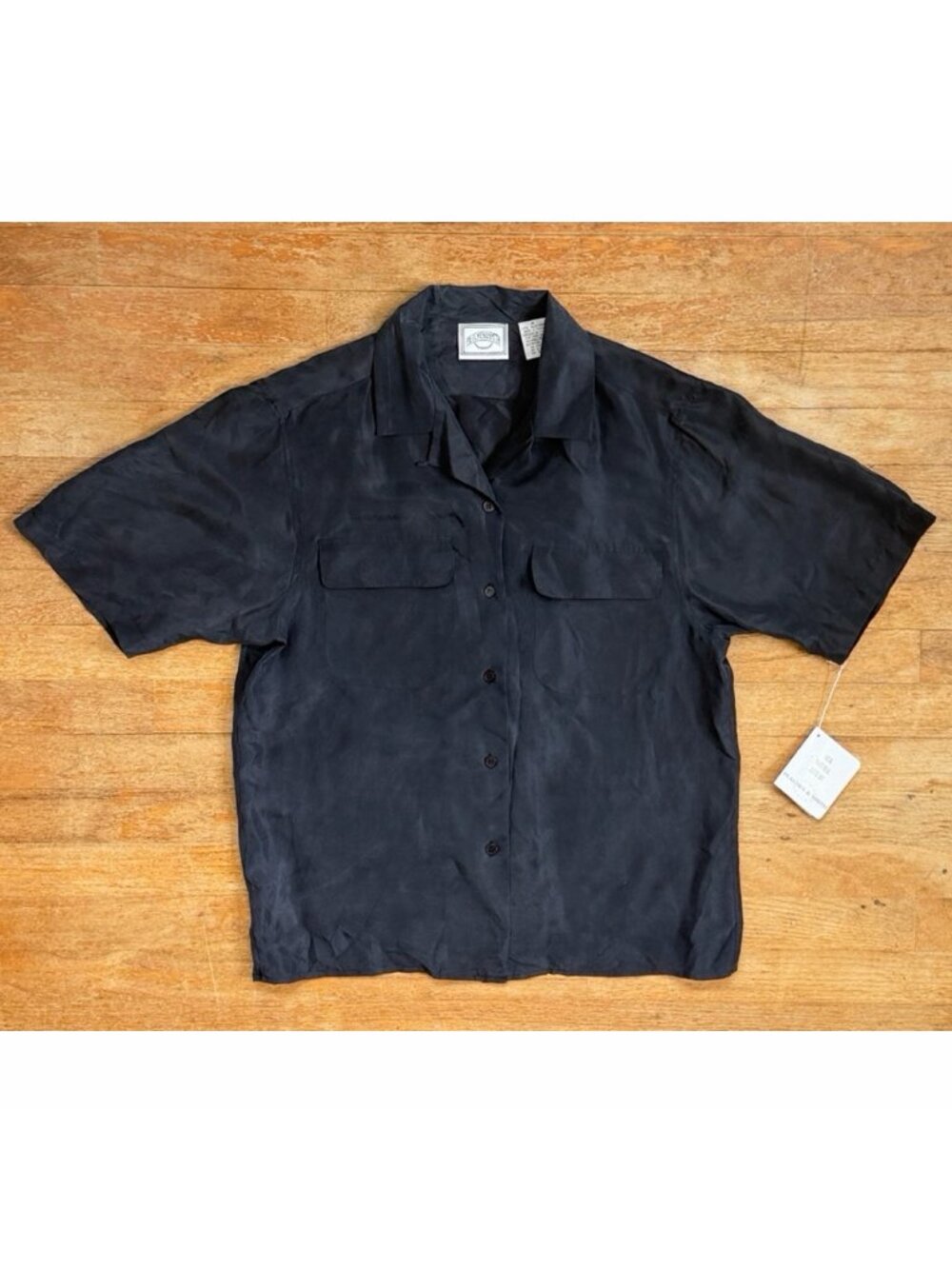Vintage Black Silk Oversize Utility Shirt Size Medium/Large 90s Short Sleeve Top